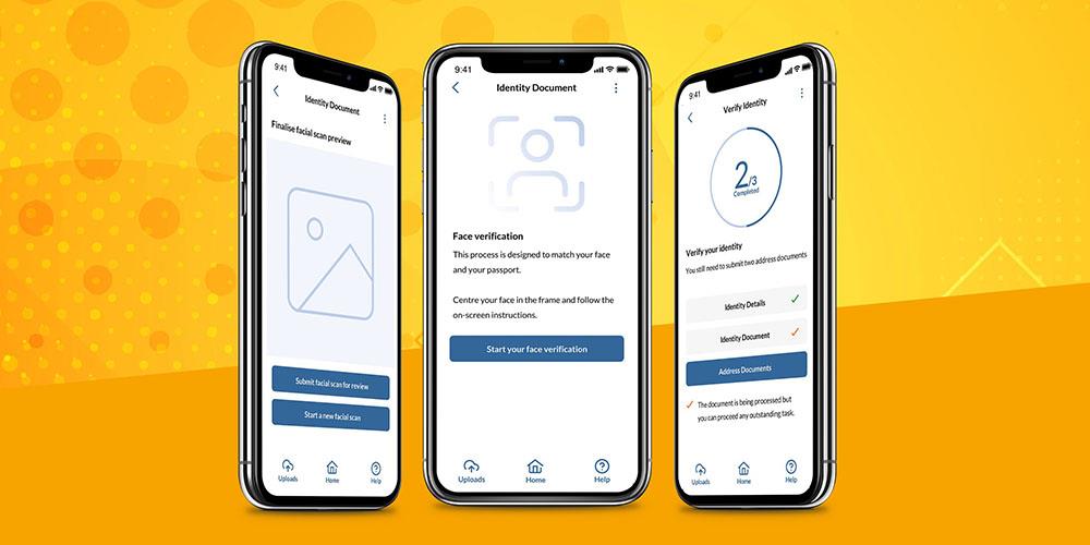 eCOS mobile app screens on yellow patterned background